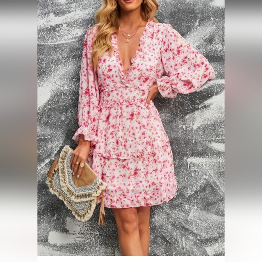 Dokotoo Womens  Spring Summer Deep V Neck Ruffle Floral Flowy Mini Dress xs